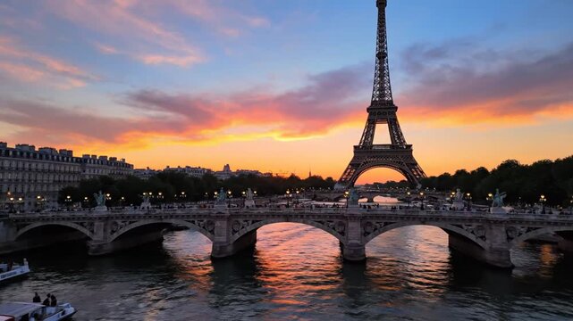 Eiffel Tower and Seine River at sunset in Paris, France