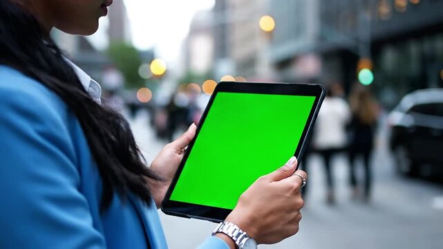 Woman in blue jacket using tablet with green screen on city street with bokeh background 4k Green Screen Stock Video