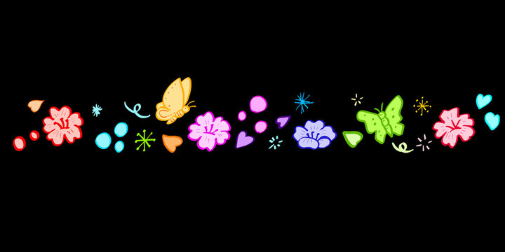 Colorful hand drawn floral doodle border with butterflies, hearts and sparkles on black background. Cute neon cartoon illustration perfect for banner, decoration, kids design, stickers .