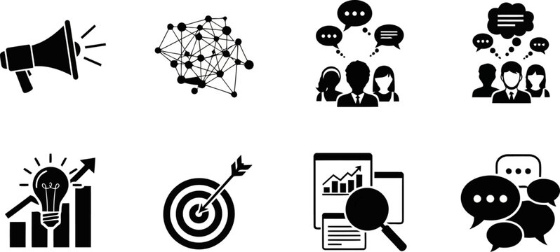 Flat Black and White Business Vector Icons Communication Strategy and Growth Concepts.eps