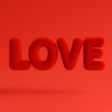 Roter Schriftzug LOVE aus Fell 3d Optik isoliert vor rotem Hintergrund