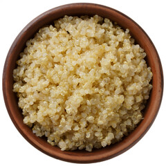 Cooked Quinoa in Brown Rustic Ceramic Bowl Isolated on White Background, Top View