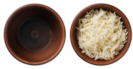 Empty and Cooked Rice in Brown Rustic Ceramic Bowls Isolated on White Background, Top Vie