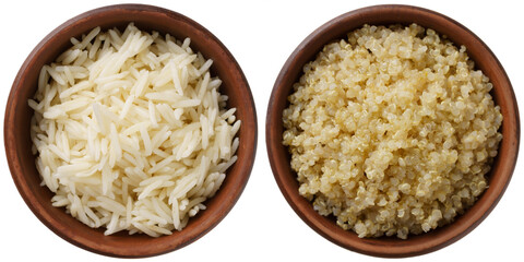 Cooked White Rice and Quinoa in Brown Rustic Ceramic Bowls Isolated on White Background, Top View