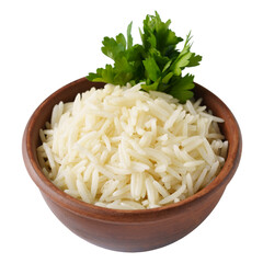 Cooked White Rice in Brown Rustic Ceramic Bowl Isolated on White Background, Top View