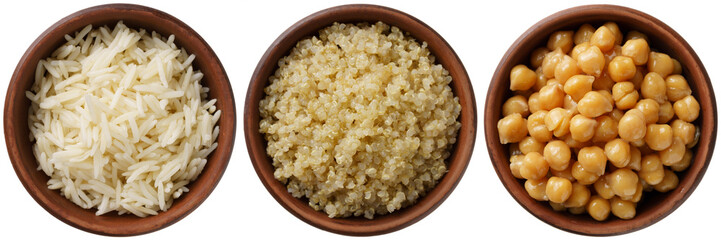 Cooked Rice and Quinoa and Chickpeas in Brown Rustic Ceramic Bowls Isolated on White Background, Top View