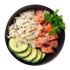 Salmon Poke Bowl with Rice and Cucumber Isolated on White Background, Top View