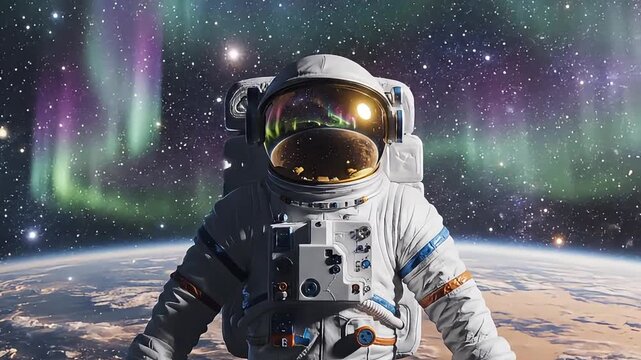 Breathtaking broll footage of an astronaut floating in deep space above Earth, surrounded by a luminous aurora borealis, offering inspiring cosmic journey footage