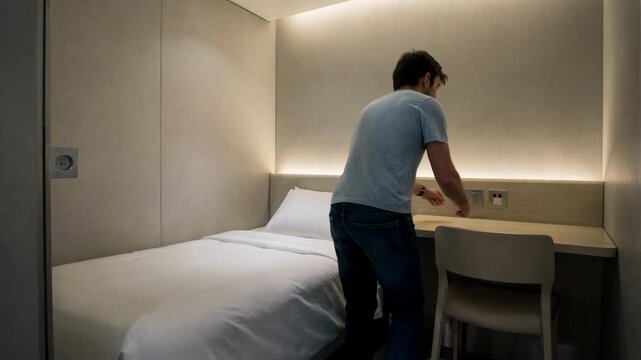 Focused bed and desk in a compact transit room at the airport with soft lighting highlighting the quiet soundproof space designed for quick naps during layovers.