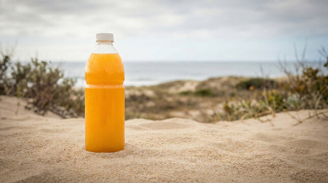 Composi&ccedil;&atilde;o de suco de laranja: Uma garrafa de suco de laranja na praia