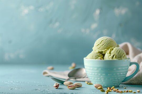 Pistachio ice cream scoops in textured cup