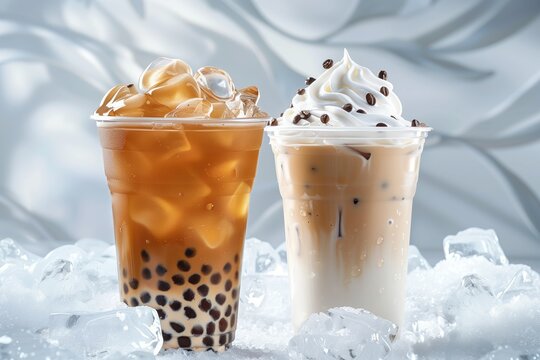 Milk tea and iced tea in clear cups