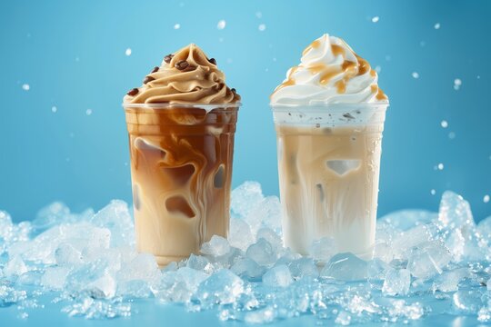 Iced coffee drinks with whipped cream topping