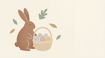 Obraz premium Brown Easter bunny illustration with basket of pastel eggs and gentle leaves. Spring holiday greeting card banner background.
