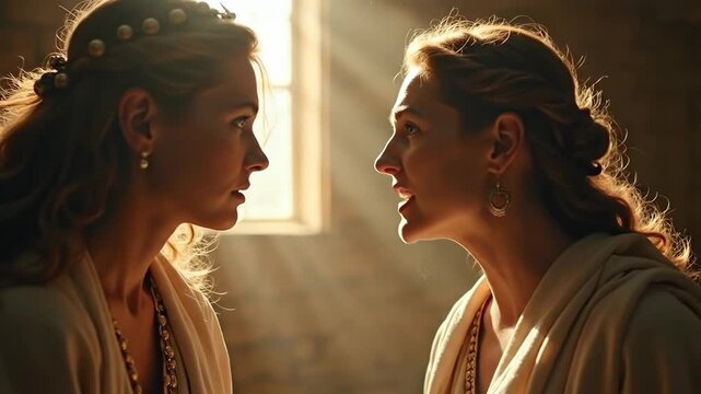 Intense interaction between two women with expressions of determination in a dimly lit room. Emotional moment showcases rivalry and connection captured in soft lighting.