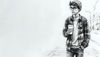 Obraz premium A pensive teenager, in hipster style, walks down the street and drinks coffee. Informal art.