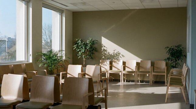 Empty waiting room interior with wooden chairs and green plants by a bright window. Peaceful clinic or office space for patients.