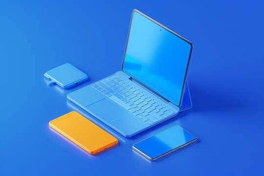 Blue tech workspace with laptop tablet phone