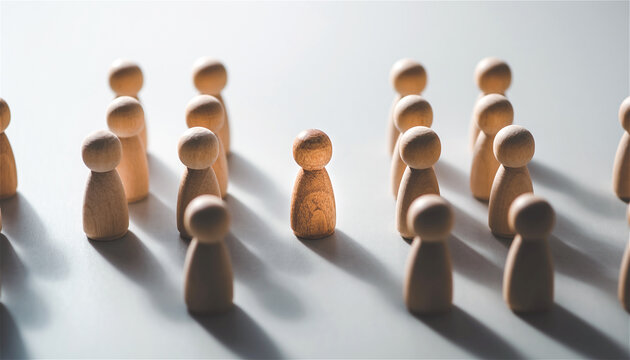 darker wooden figure standing in a prominent position among a group of lighter wooden figures representing individuality leadership and standing apart from the collective