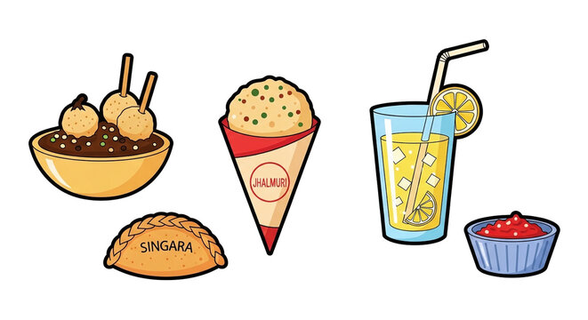 Colorful of singara, jhalmuri, ice cream, lemonade, and ketchup on black background