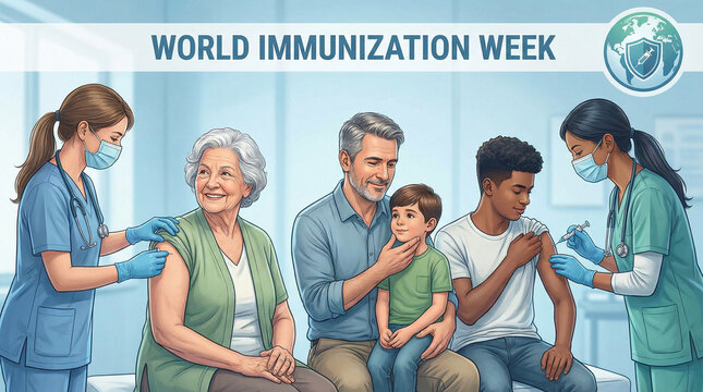 World Immunization Week: A depiction of World Immunization Week shows medical professionals administering vaccinations to a diverse group of people, emphasizing public health initiatives.