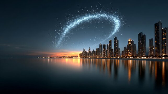 Ajman skyline at dusk with illuminated skyscrapers reflecting on water, enhanced by digital network lines and a luminous arc in the sky, showcasing a futuristic urban landscape