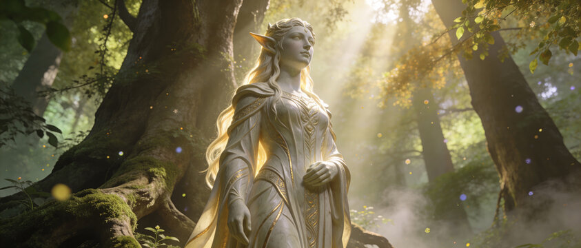 A majestic elf queen stands in an enchanted forest bathed in golden sunlight, surrounded by ancient trees and ethereal light particles.