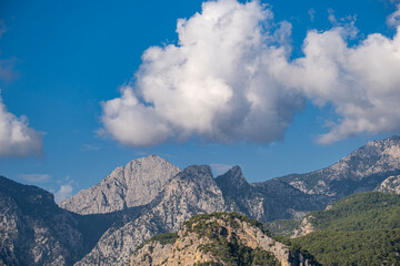 Cloudy Mountain Landscape with Forest. Forest at the Foot of a Cloudy Mountain. Mountain and Forest Scenery.