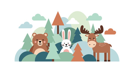 Fototapeta premium Cute Forest Animals Illustration Bear Rabbit and Moose in Woodland Scene.