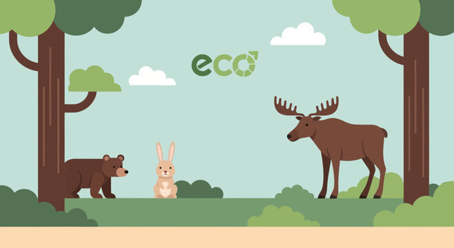 EcoFriendly Forest Scene with Bear Rabbit and Moose Illustration.