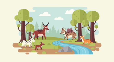 Obraz premium Wildlife Scene with Deer Boar Dogs and Fox by a Stream.