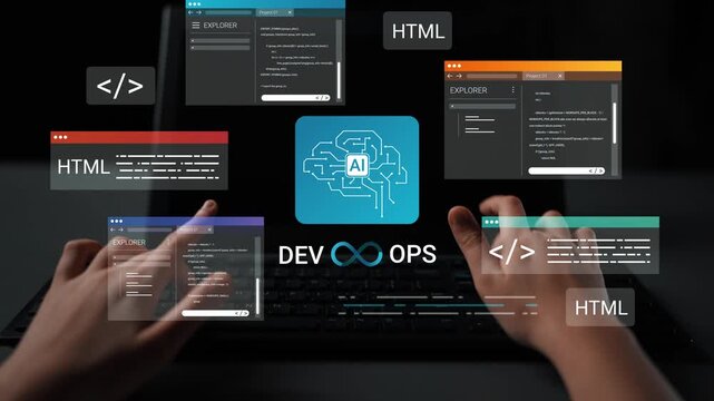 Hands Typing on Keyboard Surrounded by Coding Screens Showcasing AI Development and DevOps Tools for Web Programming and HTML Projects Gluon.