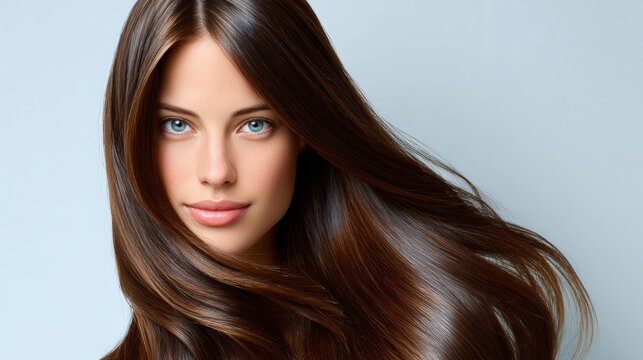 Eurasian female model with super silky hair in a high-key beauty style, showcasing liquid-silk texture and mirror-like gloss against a soft blue background