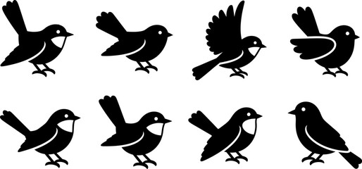 Obraz premium Eight black silhouettes of birds in various poses and angles featuring a silhouette