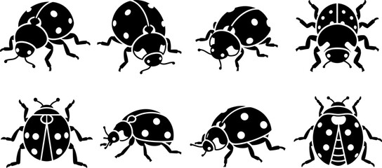 Silhouette of various ladybugs in different poses and angles black and white image © Vecto_Pixels
