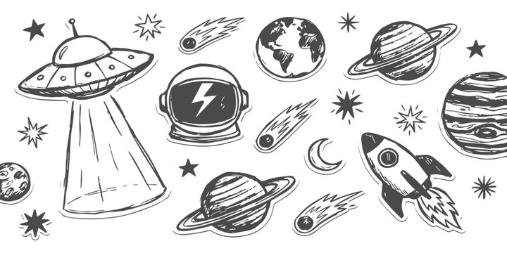 Whimsical hand-drawn space elements featuring astronaut helmet, planets, rockets, and comets in a sketchy artistic style.