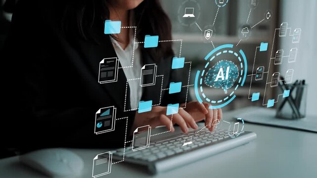 Business professional working with artificial intelligence technology utilizing digital interface for enhanced productivity and data analysis in the modern workspace. Gluon.