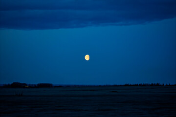 Luminous Half Moon in Deep Blue Twilight Sky over Dark Icelandic Rural Landscape