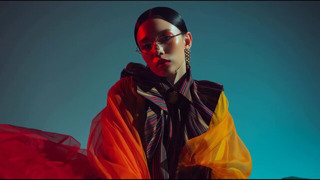 Studio fashion portrait of a model illuminated with red and blue lighting. Modern expressive footage for fashion branding, lifestyle advertising, creative identity, and visual storytelling.
