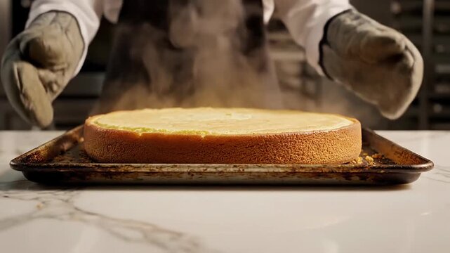 Chef removes steaming hot cake from oven on baking tray, fresh baked dessert
