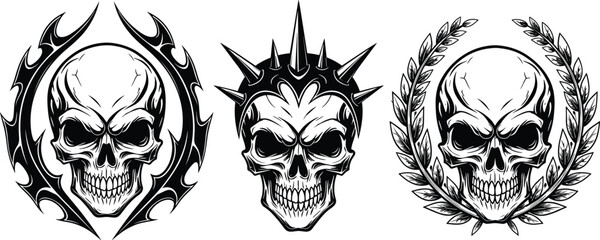 Aggressive human skull emblems collection, spiked crown and laurel wreath vector set, gothic tattoo art, black and white macabre death head illustrations. © Sahanaj
