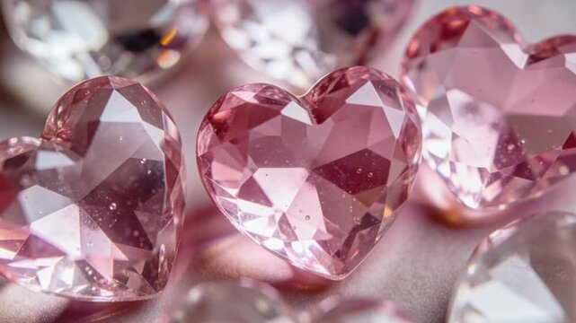 Extreme macro of crystal heart facets catching soft pink highlights with micro reflections and shallow depth of field creating clean romantic minimalism without people text or logos.