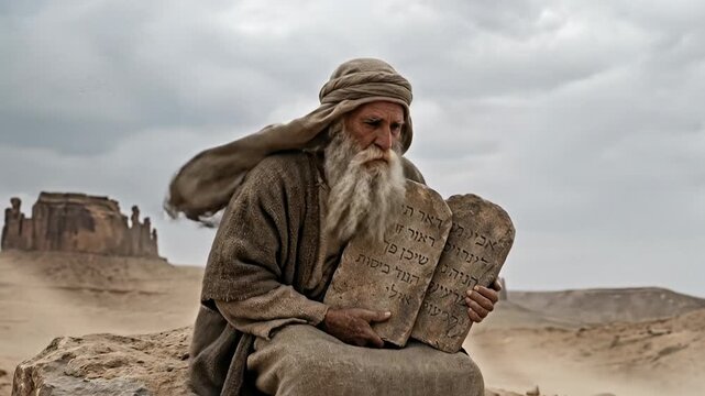 Elderly prophet Moses with long white beard and traditional desert robes holding two ancient stone tablets with Hebrew inscriptions sitting on rocks in a dry barren landscape under a cloudy sky