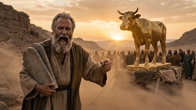 Angry elderly prophet moses with gray beard holding stone tablets shouting at a golden calf statue in the desert at sunset with a large crowd and mountains in the background