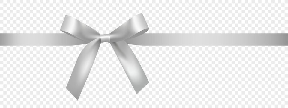 Silver bow with long silver ribbon isolated on transparent background, made in realistic style.