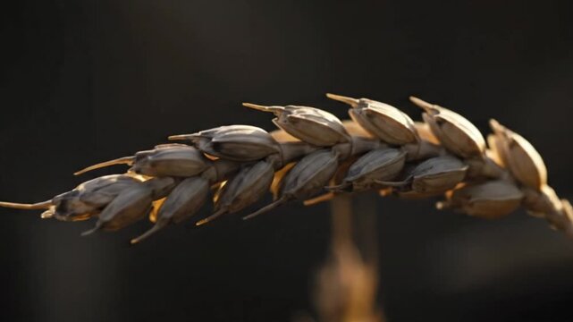 Golden wheat ear with ripe grains in warm sunlight.
