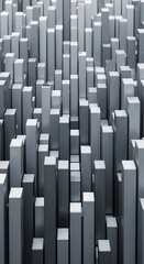 Fototapeta premium Many rectangular prism structures of varied heights with a rough gray texture, representing dimension, elevation, and abstract cityscape concepts