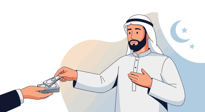 Arab Man Giving Money Zakat Charity or Financial Transaction.