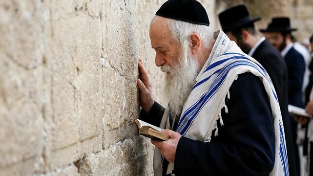 Elderly orthodox jewish man with a white beard wearing a tallit and kippah praying and reading a small book at the western wall in jerusalem representing sacred religious tradition