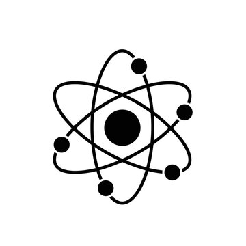 Simple black and white illustration of an atomic structure with orbiting electrons